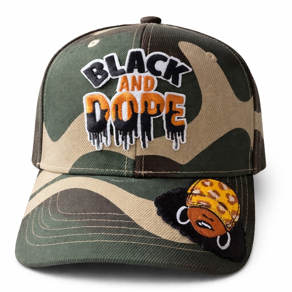 Camo Baseball Cap with 'BLACK AND DOPE' Patch